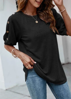 Decorative Button Half Sleeve Black T Shirt -Rosewe Promotion Store 310571 P 1659336262466