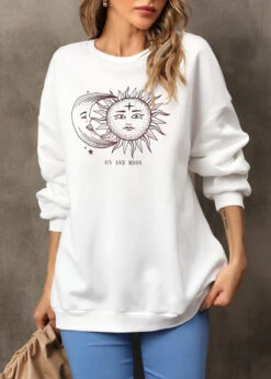 Sun And Moon Print White Long Sleeve Sweatshirt -Rosewe Promotion Store 310586 P 16620297730743