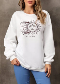 Sun And Moon Print White Long Sleeve Sweatshirt -Rosewe Promotion Store 310586 P 16620297734922