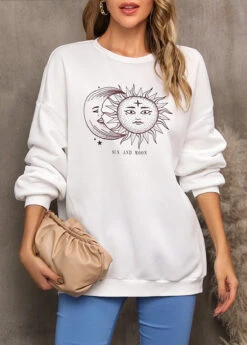 Sun And Moon Print White Long Sleeve Sweatshirt -Rosewe Promotion Store 310586 P 16620297738075