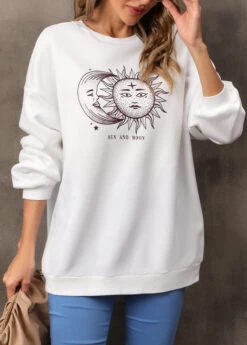 Sun And Moon Print White Long Sleeve Sweatshirt