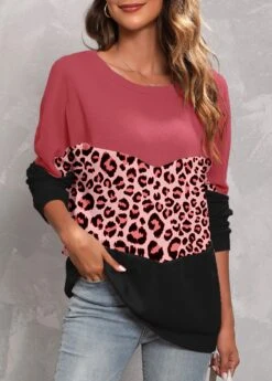 Dusty Pink Round Neck Leopard Sweatshirt
