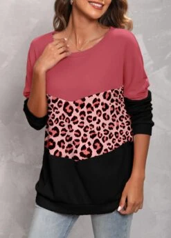 Dusty Pink Round Neck Leopard Sweatshirt -Rosewe Promotion Store 310671 P 1659511031628