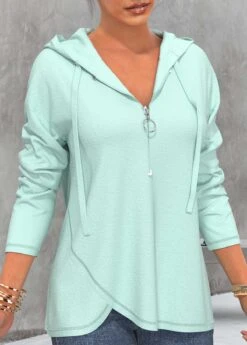 Mint Green Quarter Zip Drawstring Hoodie -Rosewe Promotion Store 310687 P 1660280605480