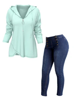 Mint Green Quarter Zip Drawstring Hoodie -Rosewe Promotion Store 310687 P 1660280605792