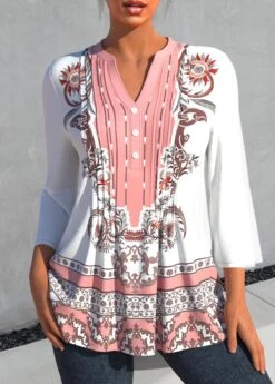 Tribal Print Split Neck White 3/4 Sleeve Blouse