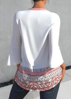 Tribal Print Split Neck White 3/4 Sleeve Blouse -Rosewe Promotion Store 310692 P 1659515703926