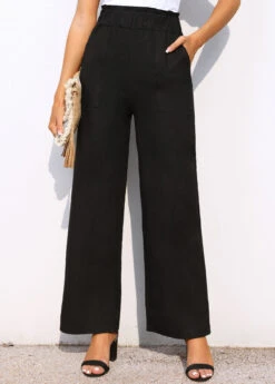 Pocket Wide Leg Black Elastic Waist Pants