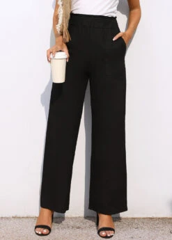 Pocket Wide Leg Black Elastic Waist Pants -Rosewe Promotion Store 310779 P 16630644118153