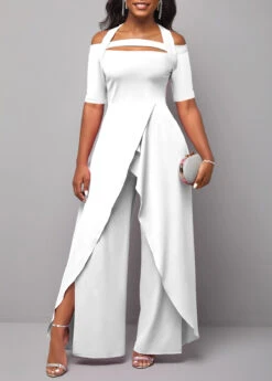 White Cold Shoulder Short Sleeve Jumpsuit