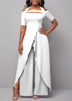 White Cold Shoulder Short Sleeve Jumpsuit -Rosewe Promotion Store 310867 P 1670560340713