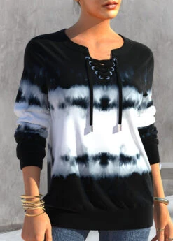 Tie Dye Print Black Split Neck Sweatshirt -Rosewe Promotion Store 310923 P 1660726990719