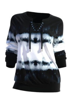 Tie Dye Print Black Split Neck Sweatshirt -Rosewe Promotion Store 310923 P 1660726992720