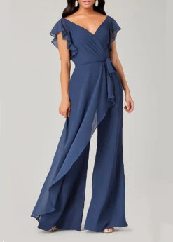 V Neck Blue Short Sleeve Jumpsuit