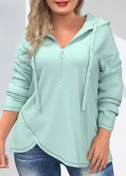 Mint Green Quarter Zip Drawstring Hoodie -Rosewe Promotion Store 311001 P 1659937984491