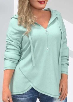 Mint Green Quarter Zip Drawstring Hoodie -Rosewe Promotion Store 311001 P 1659937985092