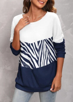 Round Neck Long Sleeve Navy Sweatshirt -Rosewe Promotion Store 311002 P 1663410977702