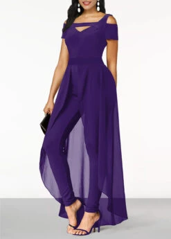Cold Shoulder Short Sleeve Purple Jumpsuit