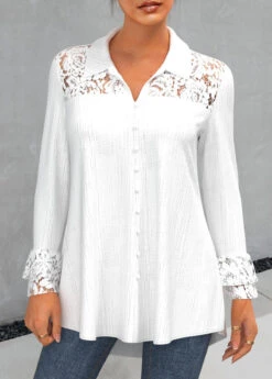 Lace Stitching White Turndown Collar Blouse