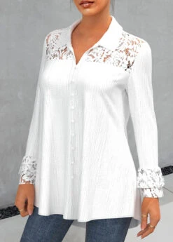 Lace Stitching White Turndown Collar Blouse -Rosewe Promotion Store 311203 P 1660280707901