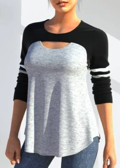 Black Cutout Detail Long Sleeve T Shirt -Rosewe Promotion Store 311206 P 1660030239644