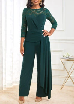 Lace Stitching 3/4 Sleeve Blackish Green Jumpsuit -Rosewe Promotion Store 311222 P 16668522182173