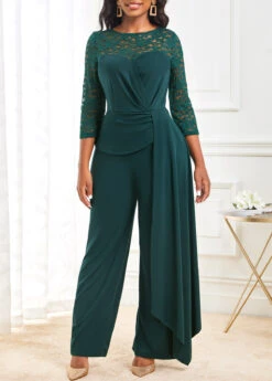 Lace Stitching 3/4 Sleeve Blackish Green Jumpsuit -Rosewe Promotion Store 311222 P 16668522187482