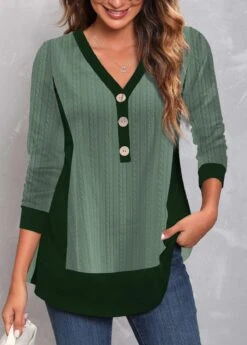 V Neck Long Sleeve Green T Shirt