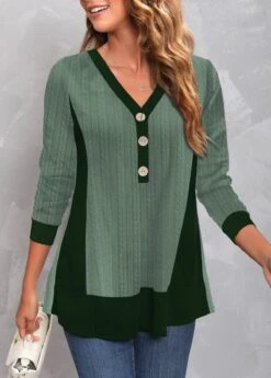 V Neck Long Sleeve Green T Shirt -Rosewe Promotion Store 311276 P 1661153181798