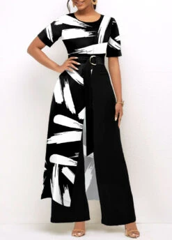 Black Pocket Brush Stroke Print Belted Jumpsuit