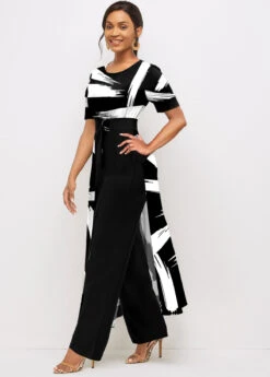 Black Pocket Brush Stroke Print Belted Jumpsuit -Rosewe Promotion Store 311320 P 1667269983741
