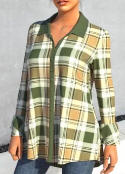 Turndown Collar Green Long Sleeve Plaid Blouse -Rosewe Promotion Store 311388 P 1660902659556