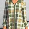 Turndown Collar Green Long Sleeve Plaid Blouse -Rosewe Promotion Store 311388 P 1660902659920