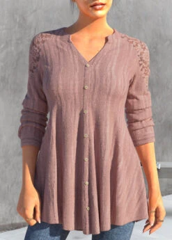 Dusty Pink Split Neck Lace Patchwork Blouse -Rosewe Promotion Store 311497 P 1662096286077