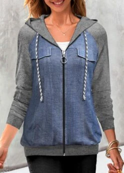 Grey Faux Denim Decorative Pockets Hoodie
