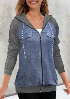 Grey Faux Denim Decorative Pockets Hoodie -Rosewe Promotion Store 311507 P 1661310222726