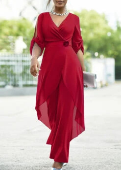 Chiffon Wine Red Flower Decoration Jumpsuit