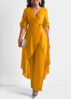 Chiffon Ginger 3/4 Sleeve Flower Decoration Jumpsuit -Rosewe Promotion Store 311522 P 16608730761913