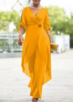 Chiffon Ginger 3/4 Sleeve Flower Decoration Jumpsuit