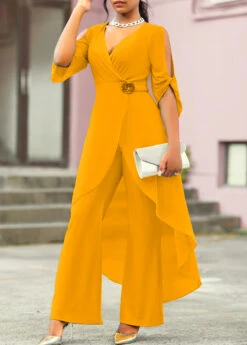 Chiffon Ginger 3/4 Sleeve Flower Decoration Jumpsuit -Rosewe Promotion Store 311522 P 16608730763585