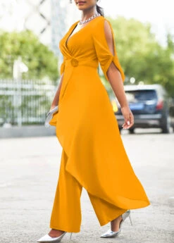 Chiffon Ginger 3/4 Sleeve Flower Decoration Jumpsuit -Rosewe Promotion Store 311522 P 16608730768214