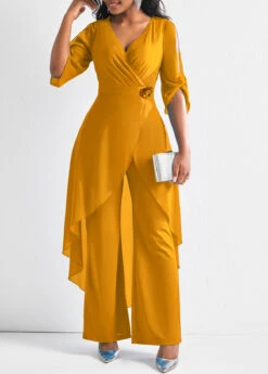 Chiffon Ginger 3/4 Sleeve Flower Decoration Jumpsuit -Rosewe Promotion Store 311522 P 16608730769642