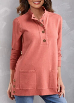 Coral Red Double Side Pockets Quarter Button Sweatshirt