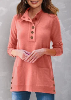 Coral Red Double Side Pockets Quarter Button Sweatshirt -Rosewe Promotion Store 311524 P 1664522315979