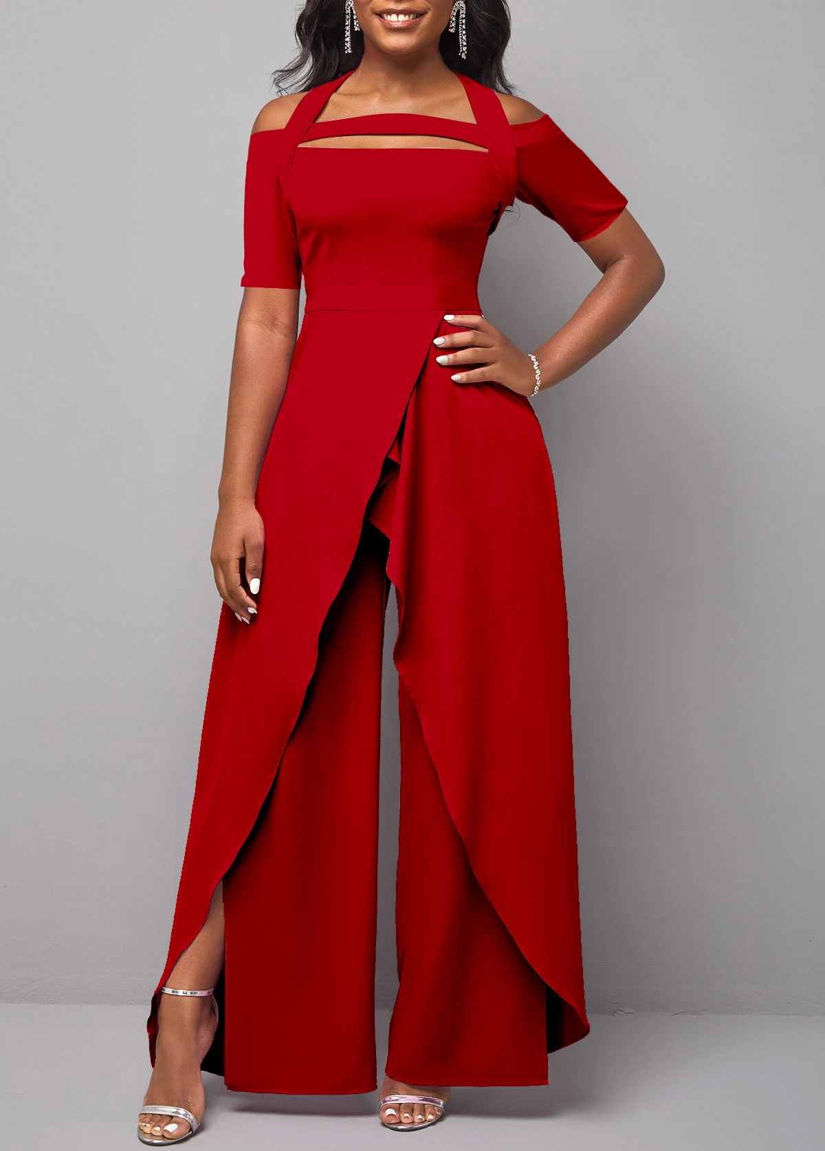 Red Cold Shoulder Short Sleeve Jumpsuit 5 Red Cold Shoulder Short Sleeve Jumpsuit - Image 3