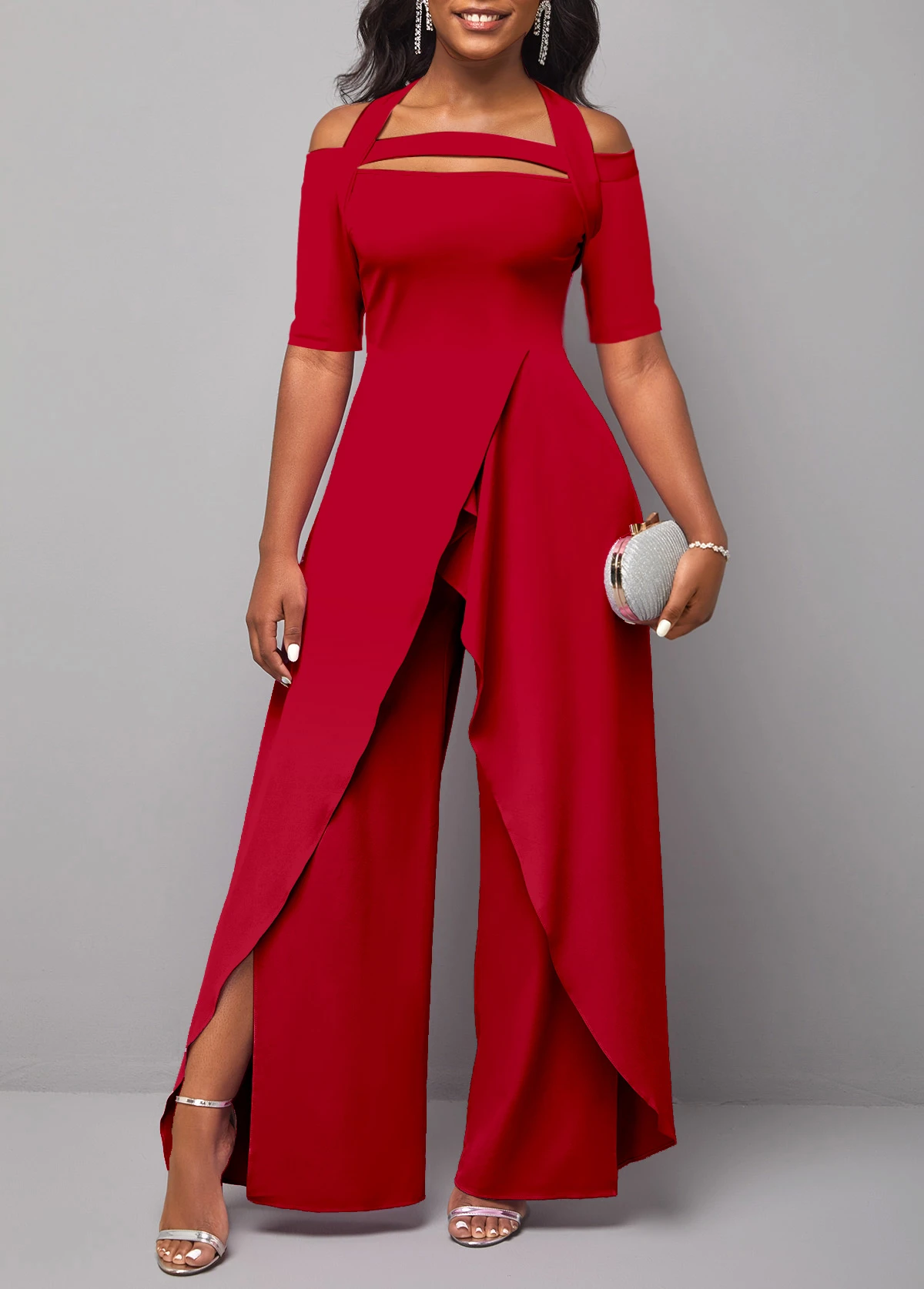 Red Cold Shoulder Short Sleeve Jumpsuit 3 Red Cold Shoulder Short Sleeve Jumpsuit