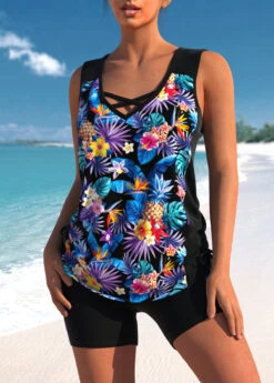 Black Floral Print Cross Strap Tankini Set -Rosewe Promotion Store 311633 P 1662617917619