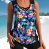 Black Floral Print Cross Strap Tankini Set