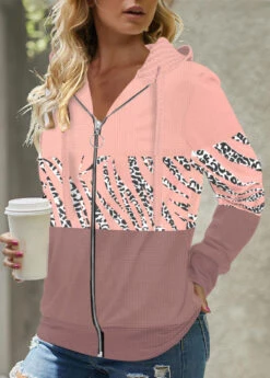 Leopard Zipper Pink Long Sleeve Hoodie