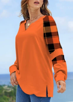 Tartan Print Long Sleeve Orange Halloween Sweatshirt -Rosewe Promotion Store 311895 P 1661736746022